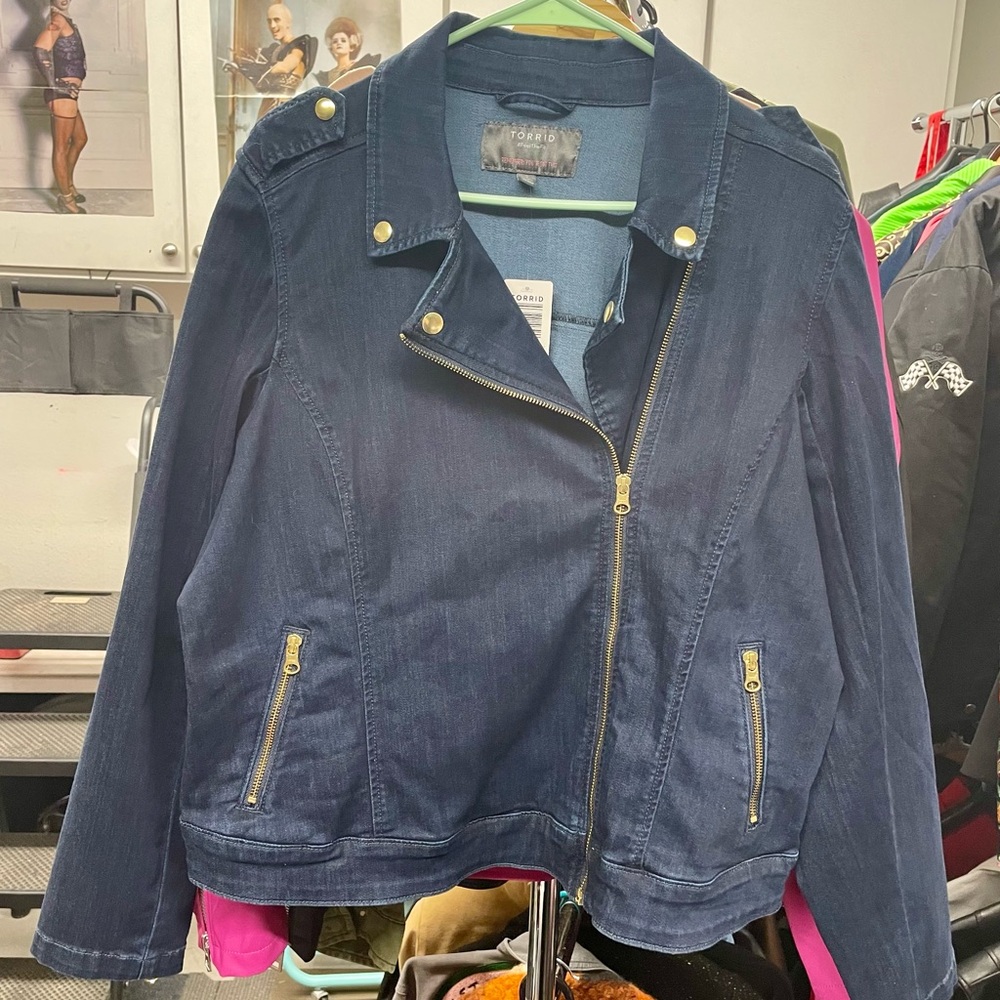 Torrid Blue Denim Motorcycle Jacket with Gold Zippers